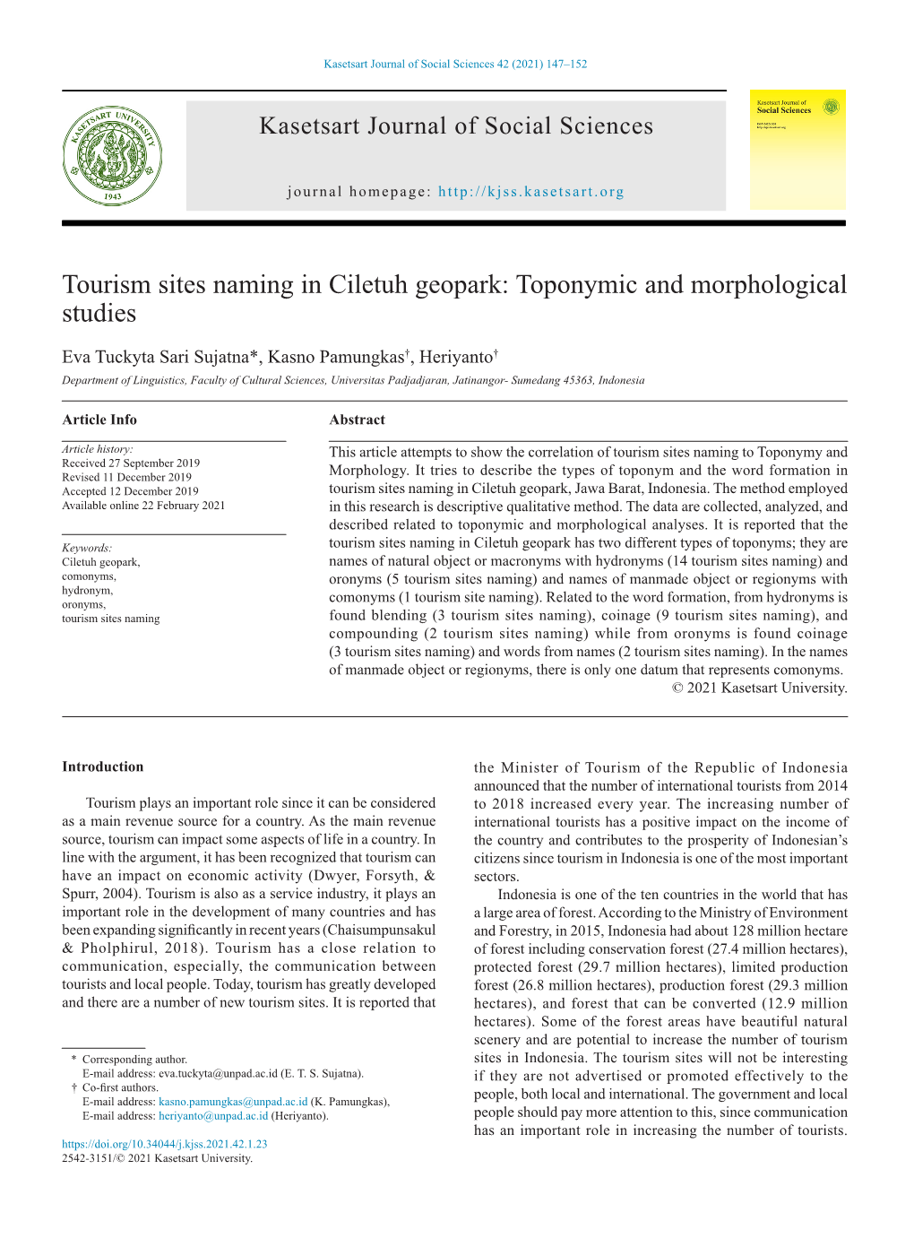 Tourism Sites Naming in Ciletuh Geopark: Toponymic and Morphological Studies