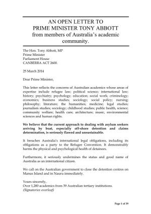 AN OPEN LETTER to PRIME MINISTER TONY ABBOTT from Members of Australia’S Academic Community