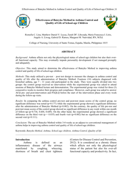 Effectiveness of Buteyko Method in Asthma Control and Quality of Life of School-Age Children | 1