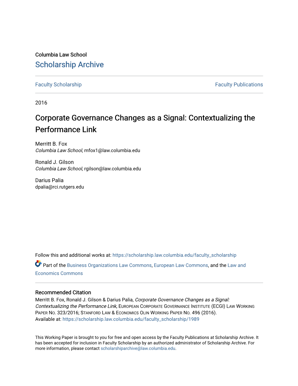 Corporate Governance Changes As a Signal: Contextualizing the Performance Link