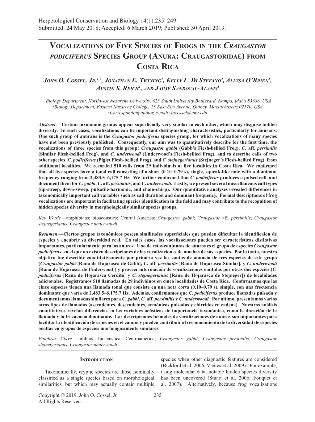 Vocalizations of Five Species of Frogs in the Craugastor Podiciferus Species Group (Anura: Craugastoridae) from Costa Rica