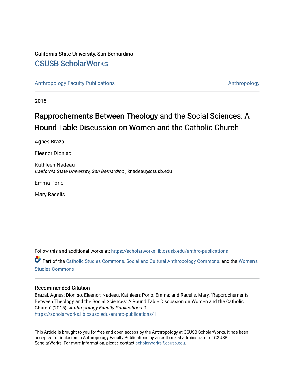 Rapprochements Between Theology and the Social Sciences: a Round Table Discussion on Women and the Catholic Church