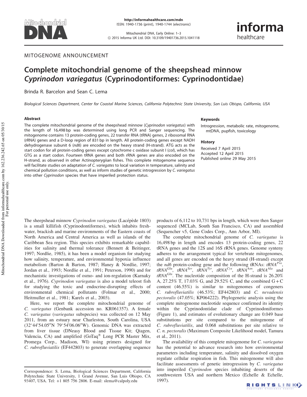 Complete Mitochondrial Genome of the Sheepshead Minnow Cyprinodon Variegatus (Cyprinodontiformes: Cyprinodontidae)