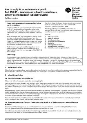 New Bespoke Radioactive Substances Activity Permit (Burial of Radioactive Waste) Guidance Notes