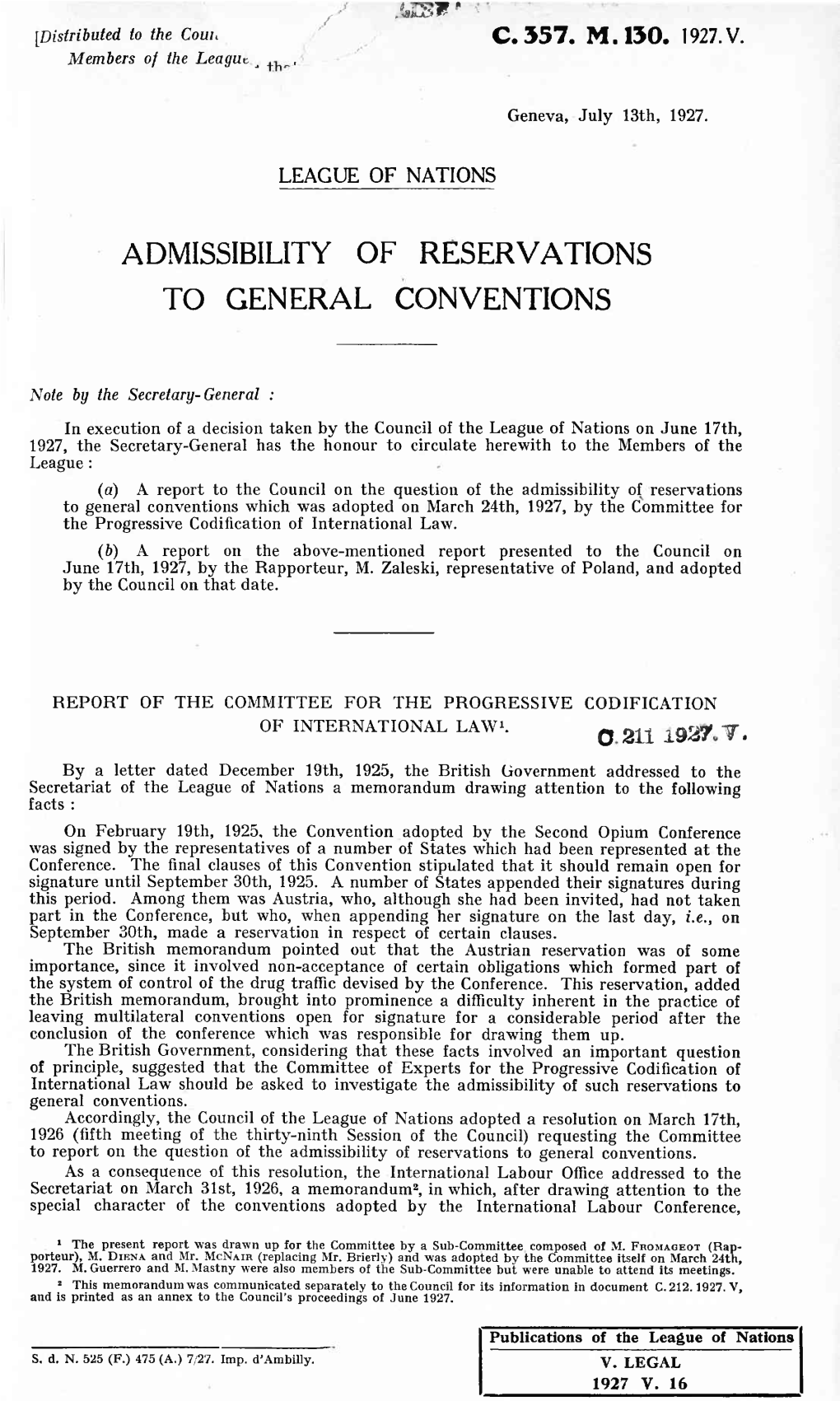 Admissibility of Reservations to General Conventions