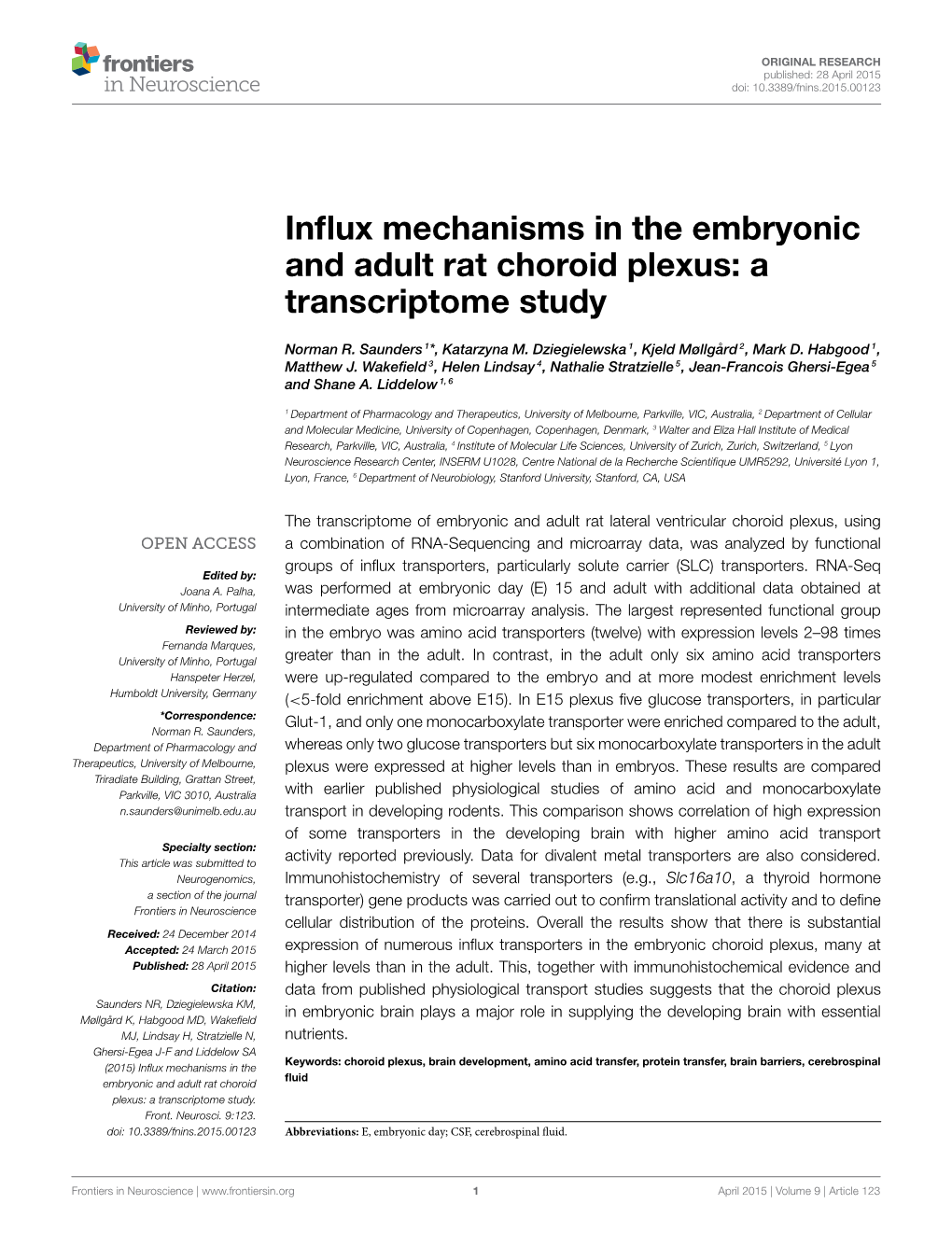 Influx Mechanisms in the Embryonic and Adult Rat Choroid Plexus: a Transcriptome Study