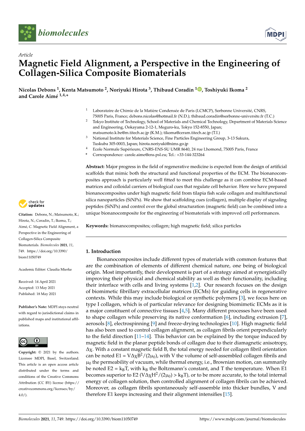 Magnetic Field Alignment, a Perspective in the Engineering of Collagen-Silica Composite Biomaterials