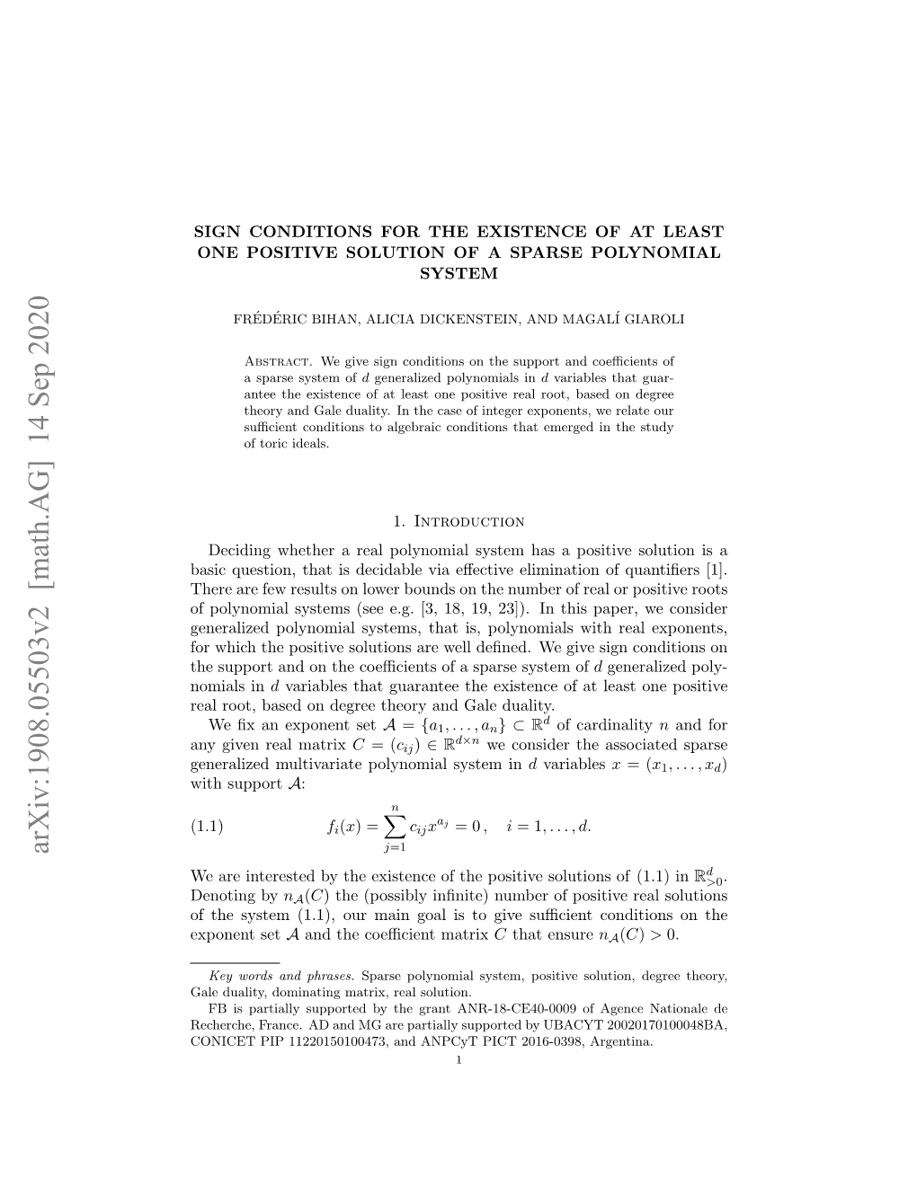 Arxiv:1908.05503V2 [Math.AG] 14 Sep 2020 D We Are Interested by the Existence of the Positive Solutions of (1.1) in R>0