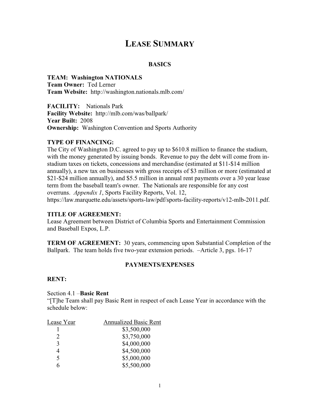 Washington Nationals, Lease Agreement