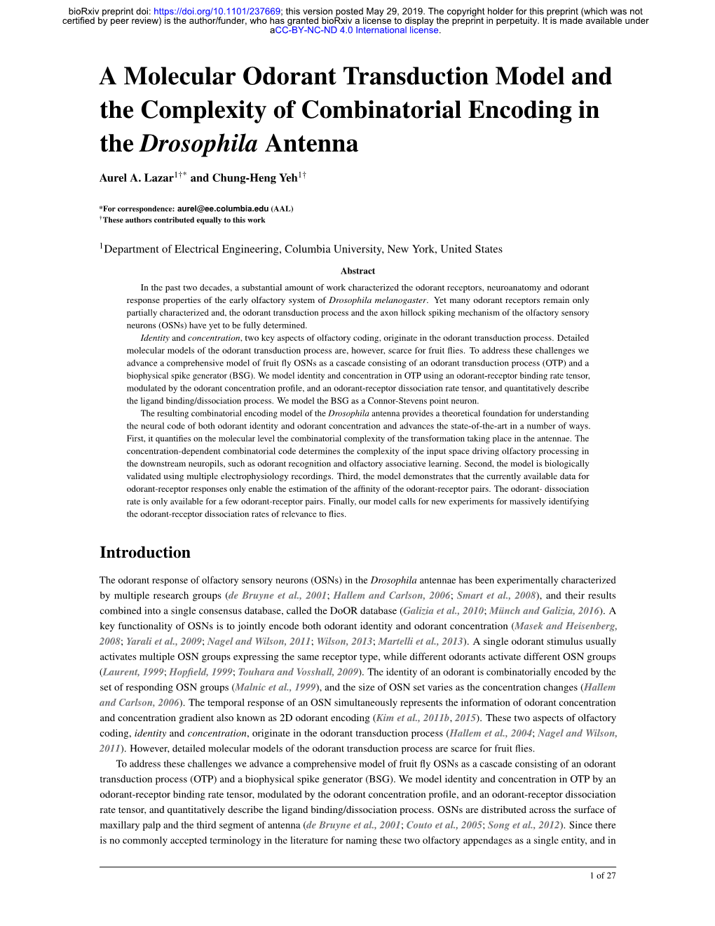 A Molecular Odorant Transduction Model and the Complexity of Combinatorial Encoding in the Drosophila Antenna