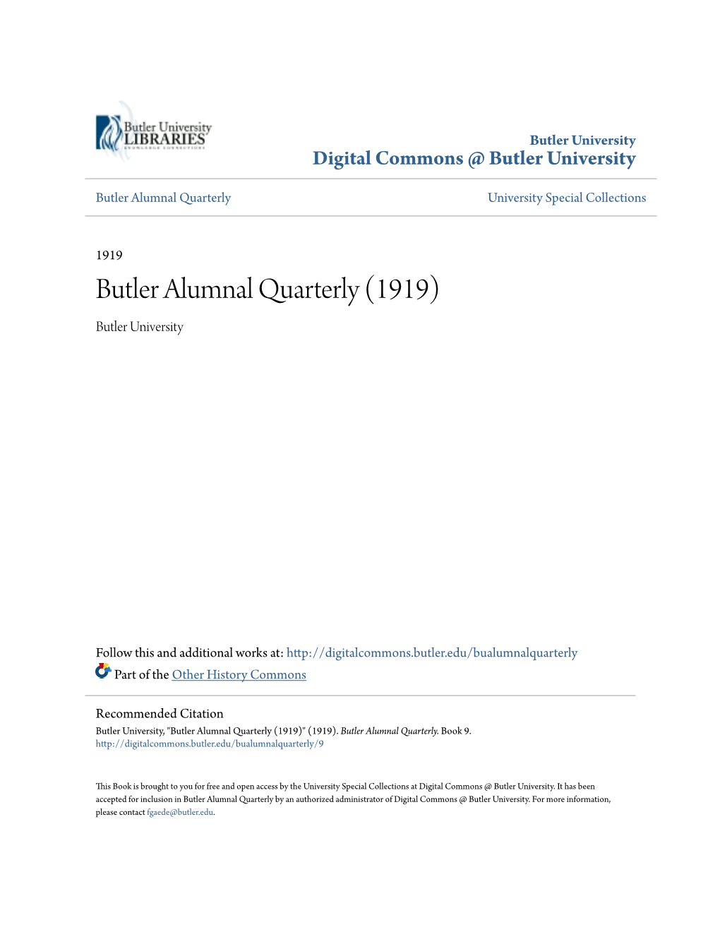 Butler Alumnal Quarterly University Special Collections