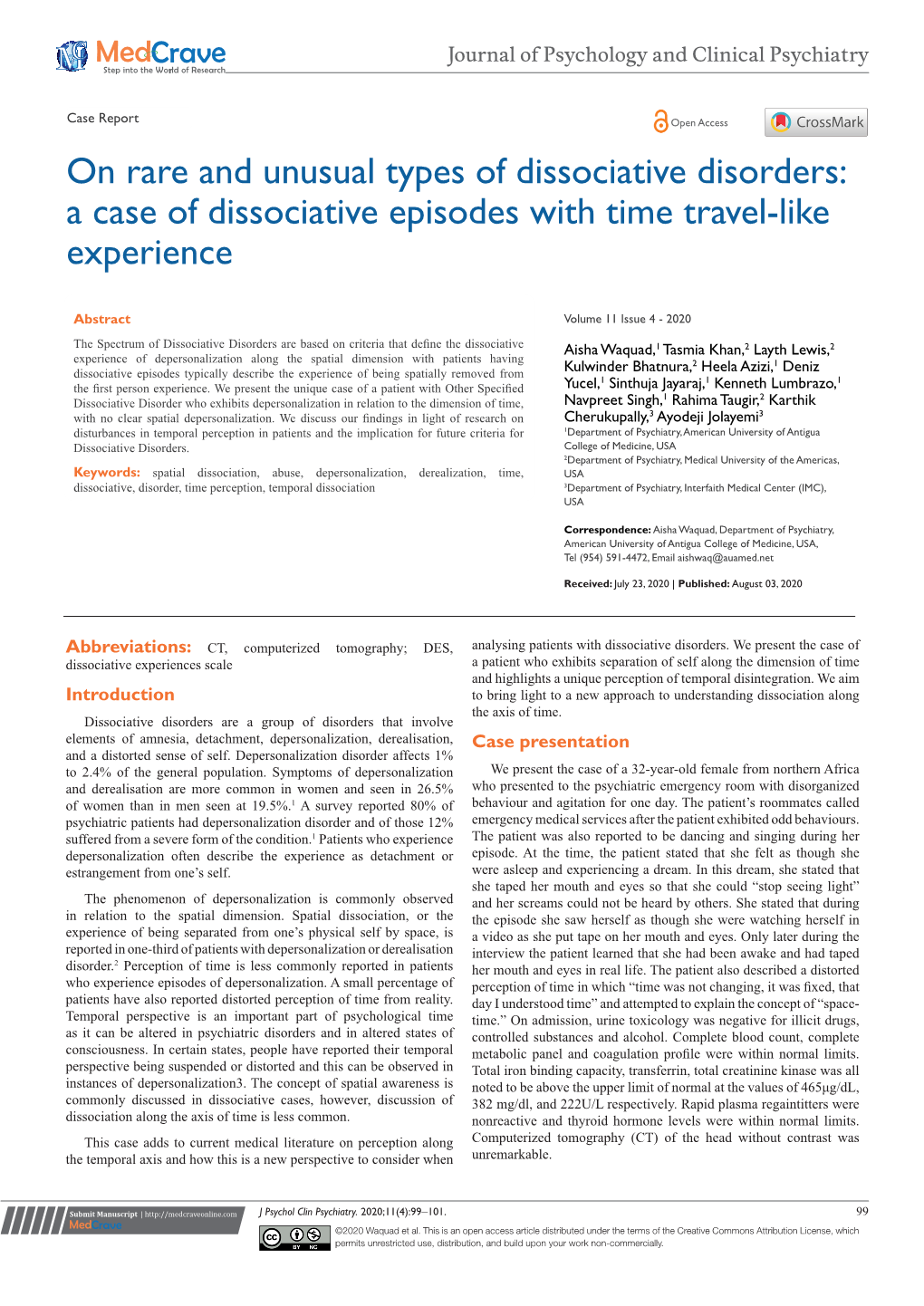 On Rare and Unusual Types of Dissociative Disorders: a Case of Dissociative Episodes with Time Travel-Like Experience