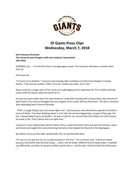 SF Giants Press Clips Wednesday, March 7, 2018