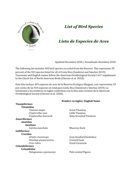 List of Bird Species Lista De Especies De Aves