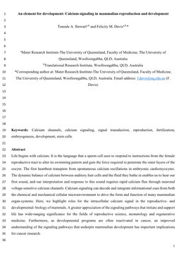 Calcium Signaling in Mammalian Reproduction and Development 2 3 Teneale A