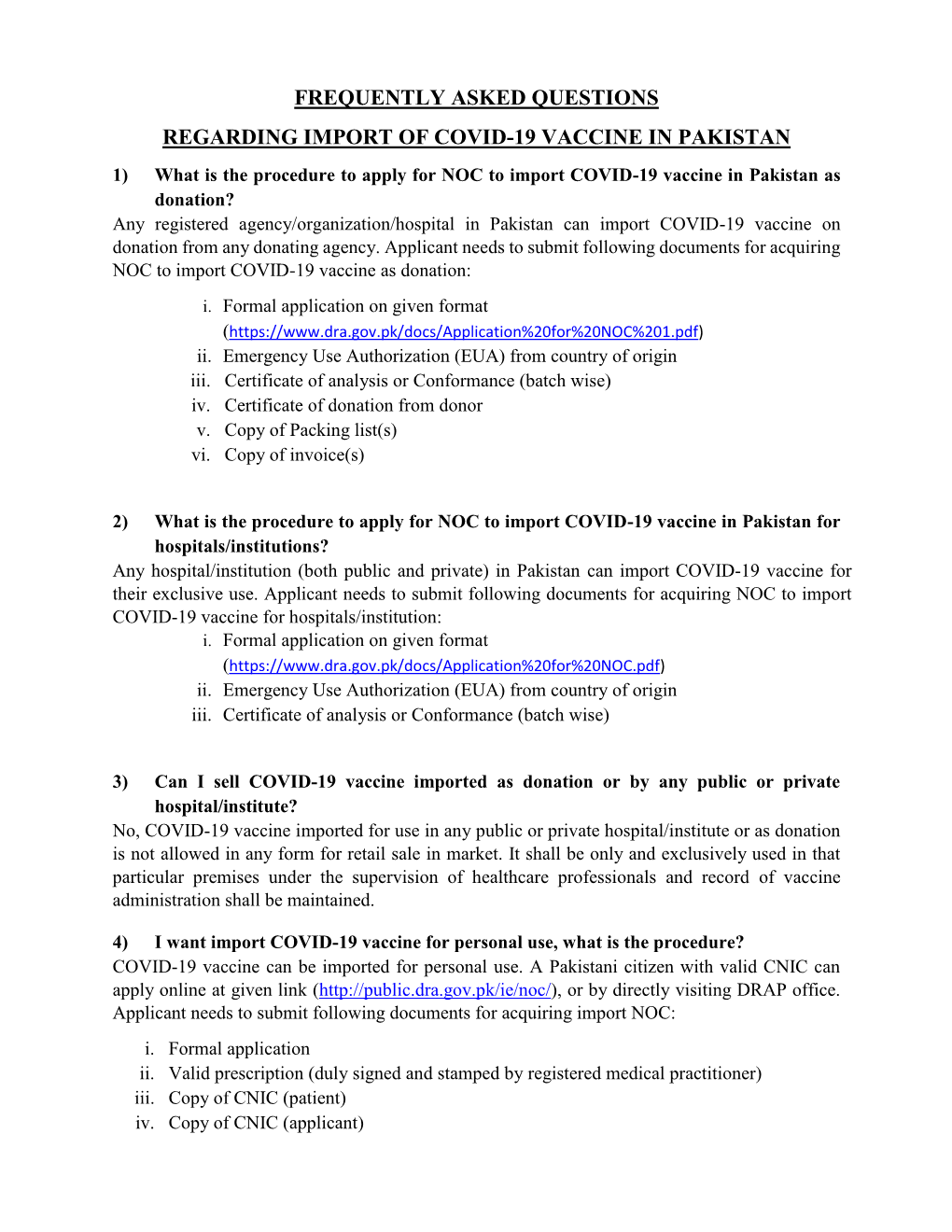 Frequently Asked Questions Regarding Import of Covid-19 Vaccine in Pakistan