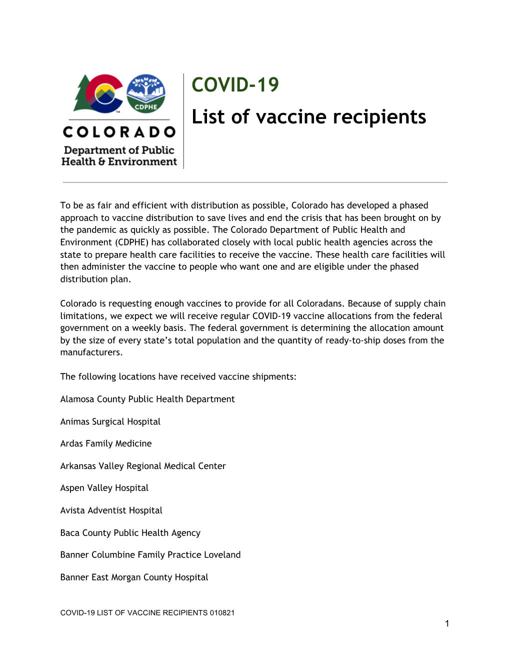 COVID-19 LIST of VACCINE RECIPIENTS 010821 1 Banner Fort Collins Medical Center