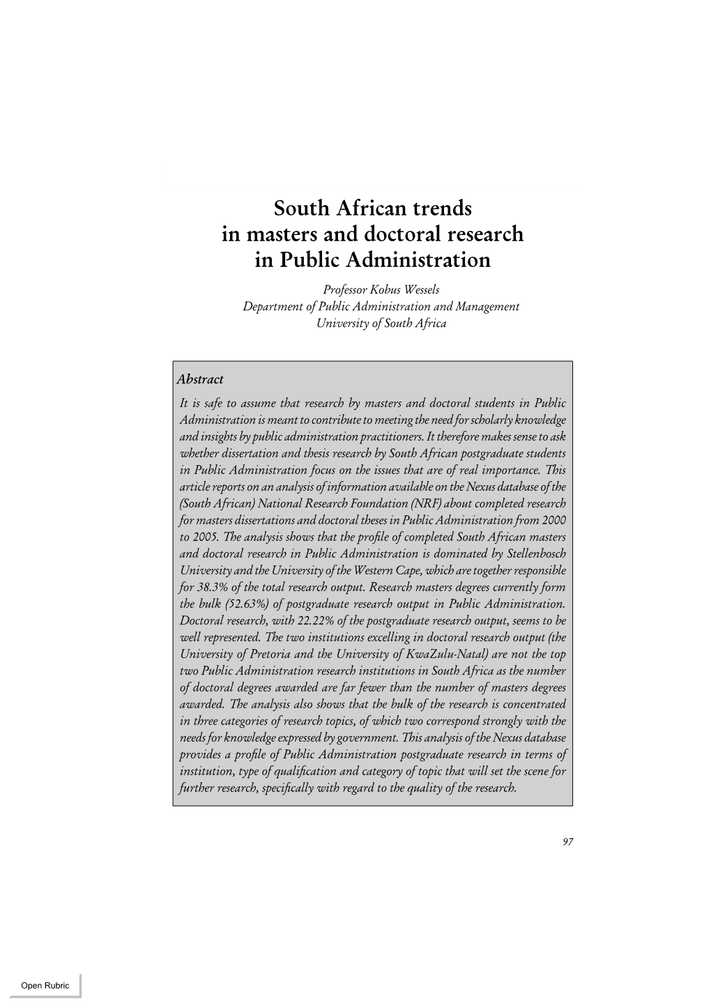 South African Trends in Masters and Doctoral Research in Public