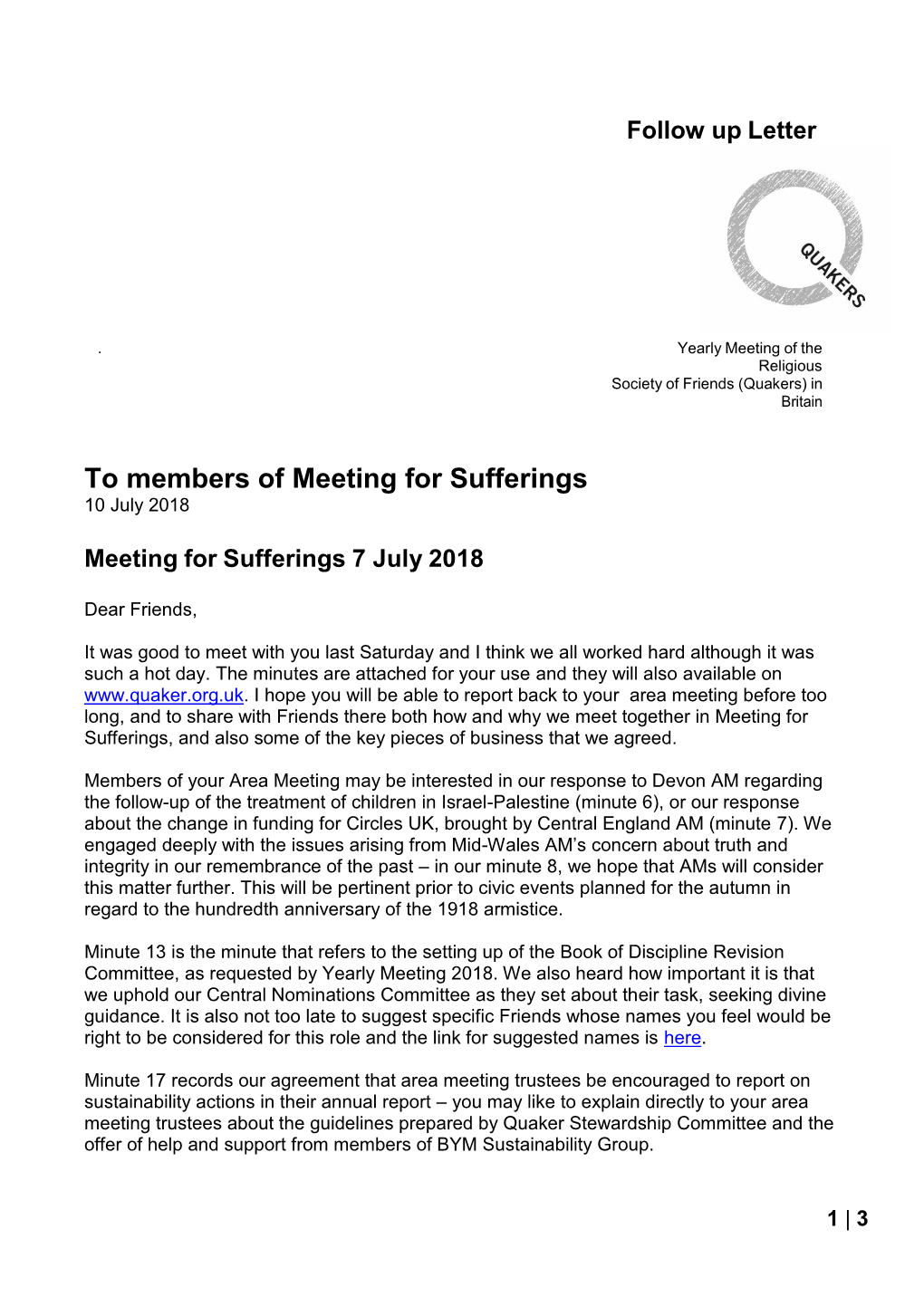 To Members of Meeting for Sufferings 10 July 2018