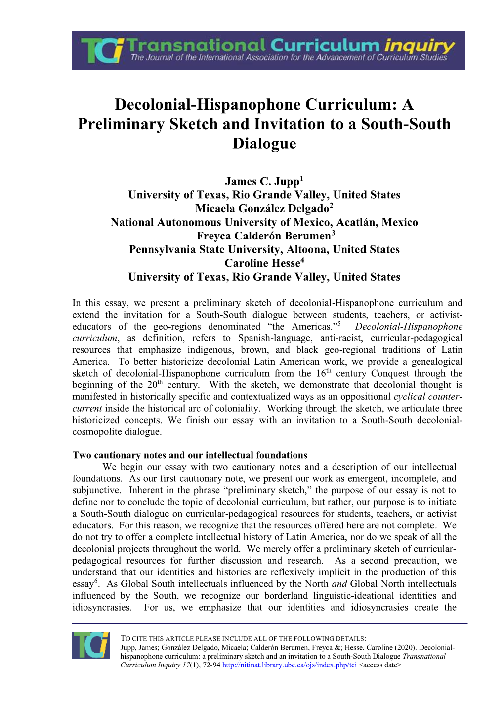 Decolonial-Hispanophone Curriculum: a Preliminary Sketch and Invitation to a South-South Dialogue