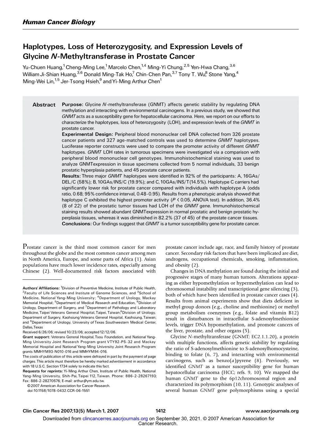 Haplotypes, Loss of Heterozygosity, and Expression Levels of Glycine N-Methyltransferase in Prostate Cancer
