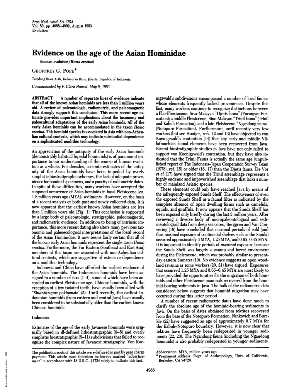 Ievidence on the Age of the Asian Hominidae (Human Evolution/Homo Erectus) GEOFFREY G