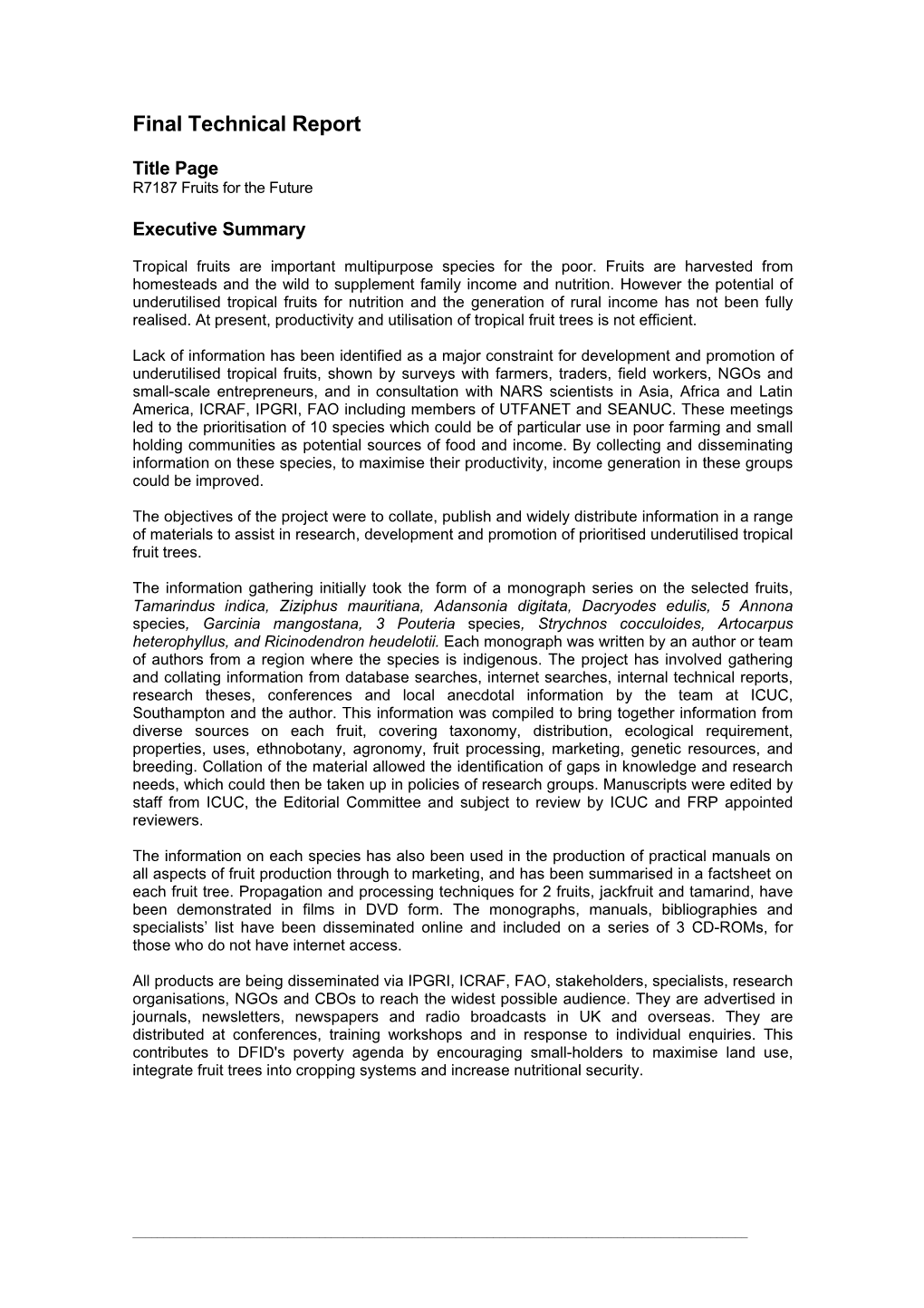 Format for Final Technical Report