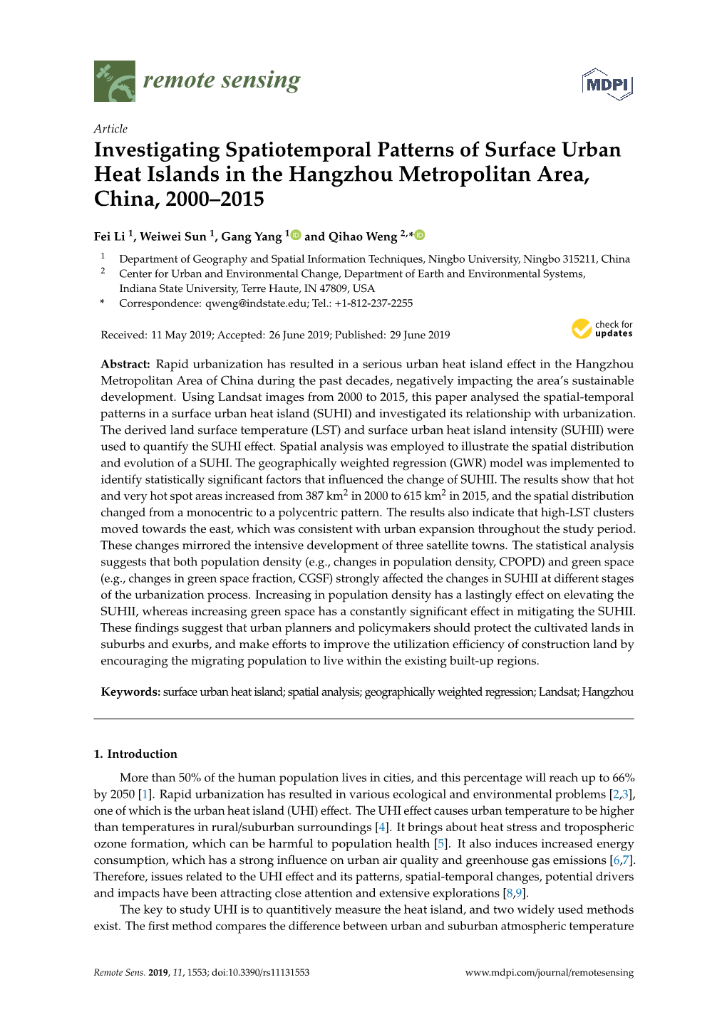 Investigating Spatiotemporal Patterns of Surface Urban Heat Islands in the Hangzhou Metropolitan Area, China, 2000–2015