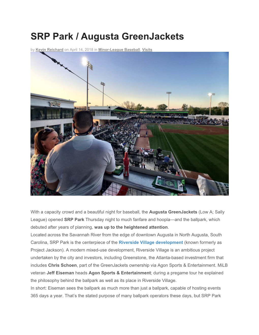 SRP Park / Augusta Greenjackets by Kevin Reichard on April 14, 2018 in Minor-League Baseball, Visits