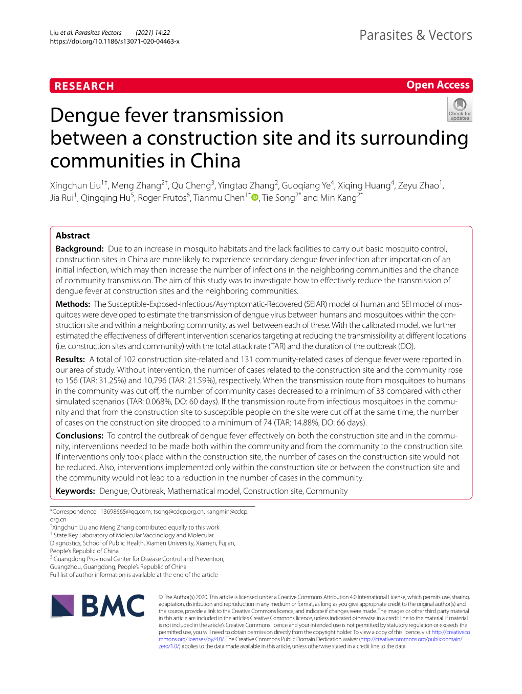 Dengue Fever Transmission Between a Construction Site and Its