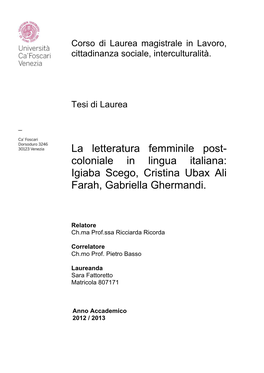 Coloniale in Lingua Italiana: Igiaba Scego, Cristina Ubax Ali Farah, Gabriella Ghermandi