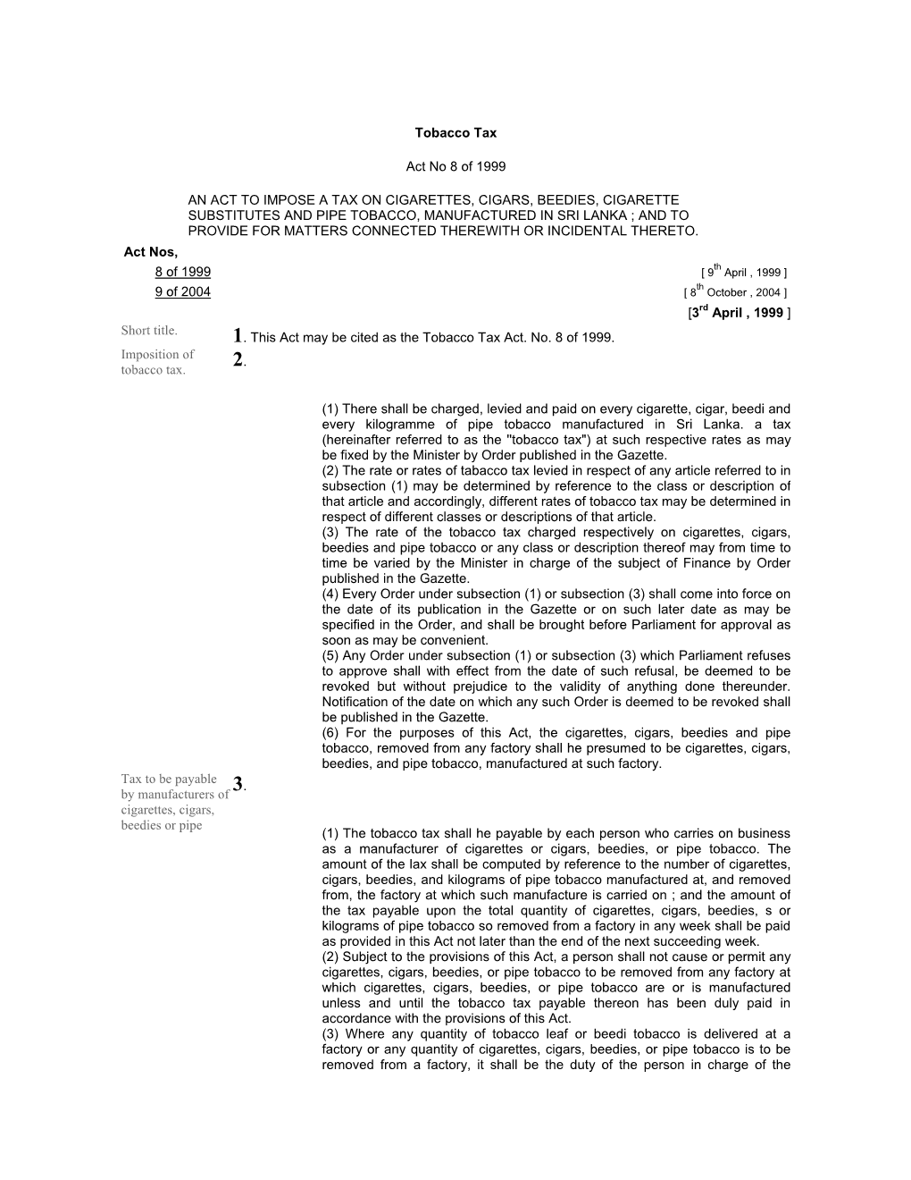 Sri Lanka – Tobacco Tax Act No. 8 of 1999