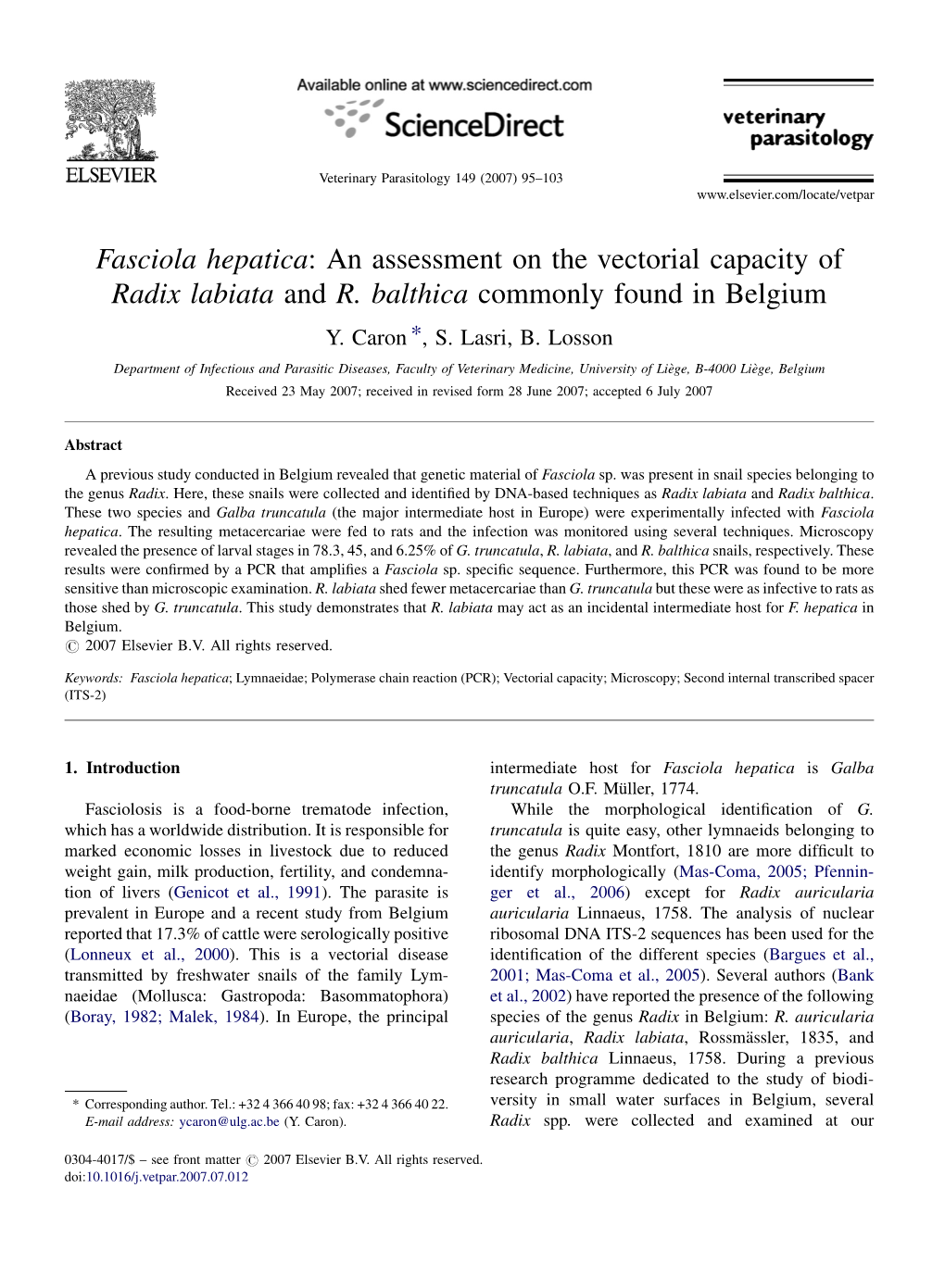 Fasciola Hepatica: an Assessment on the Vectorial Capacity of Radix Labiata and R