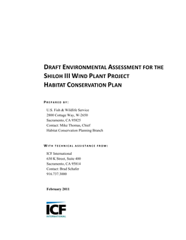 Draft Environmental Assessment for the Shiloh Iii Wind Plant Project Habitat Conservation Plan