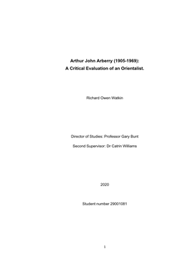 Arthur John Arberry (1905-1969): a Critical Evaluation of an Orientalist