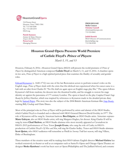 Houston Grand Opera Presents World Premiere of Carlisle Floyd's Prince