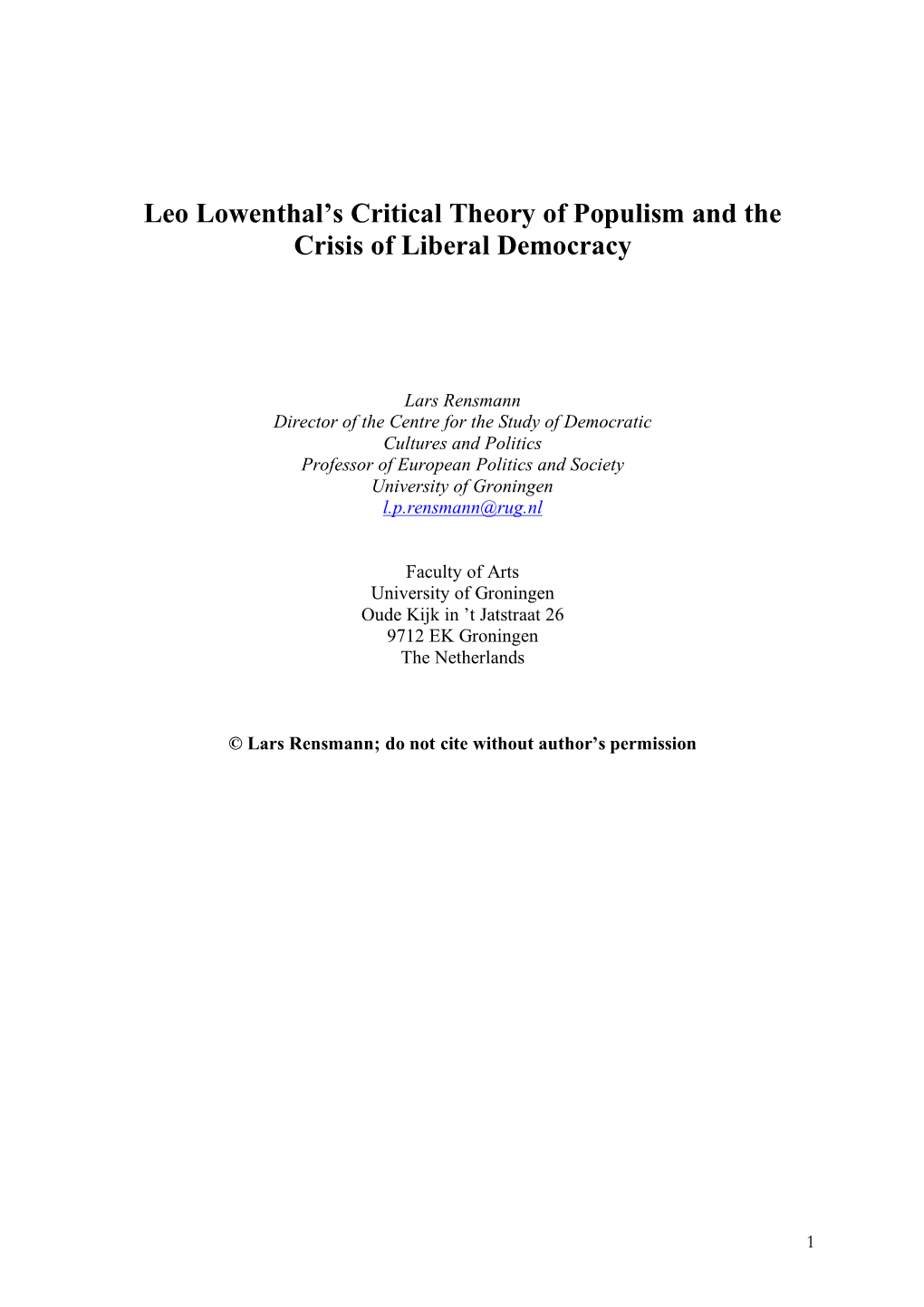 Leo Lowenthal's Critical Theory of Populism and the Crisis of Liberal