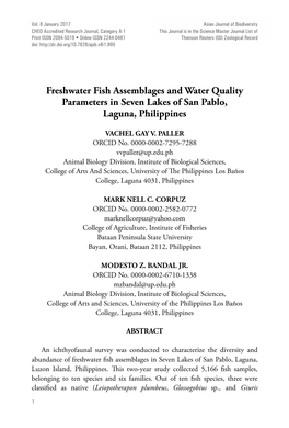 Freshwater Fish Assemblages and Water Quality Parameters in Seven Lakes of San Pablo, Laguna, Philippines