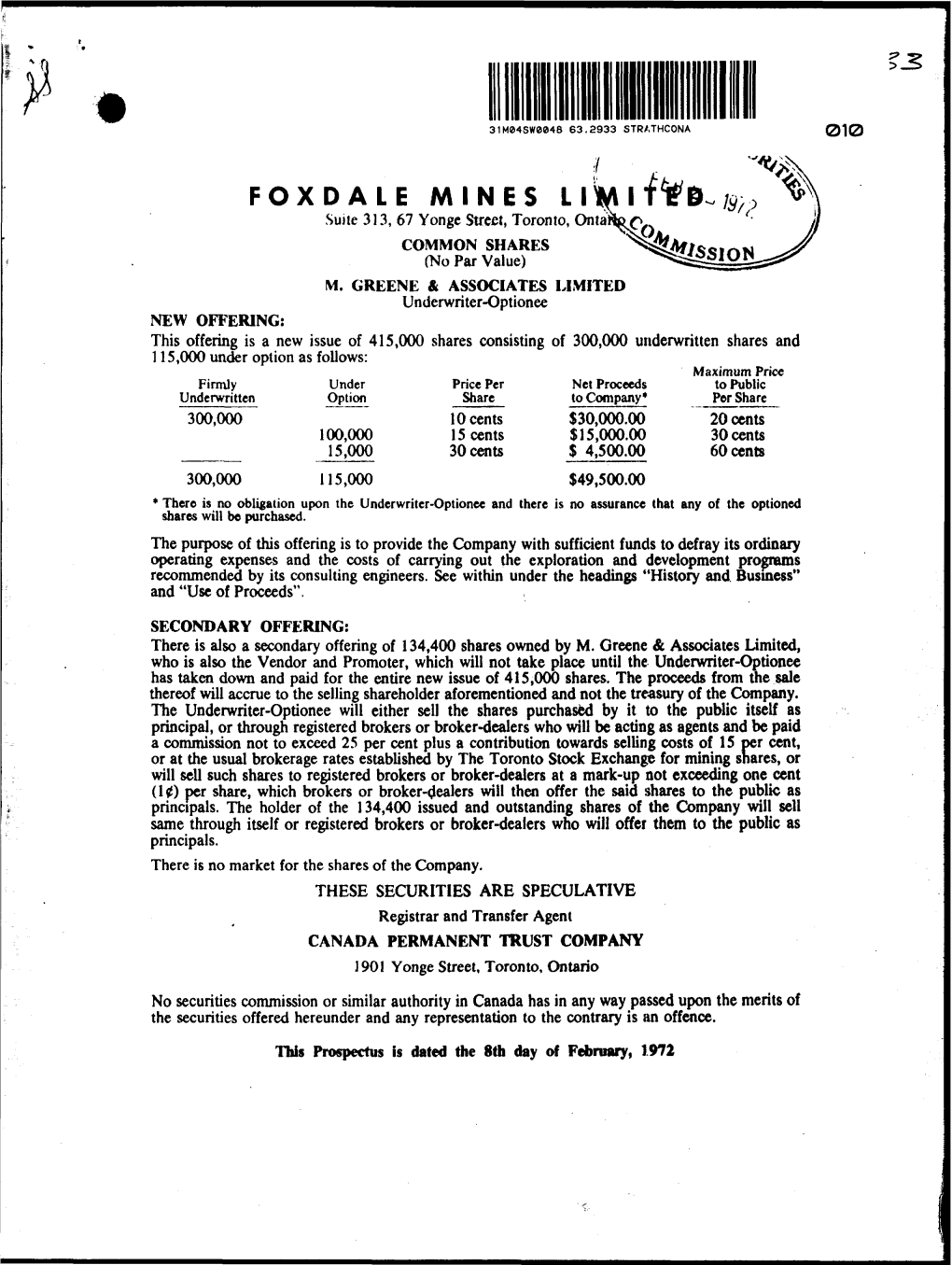 Prospectus Foxdale Mines