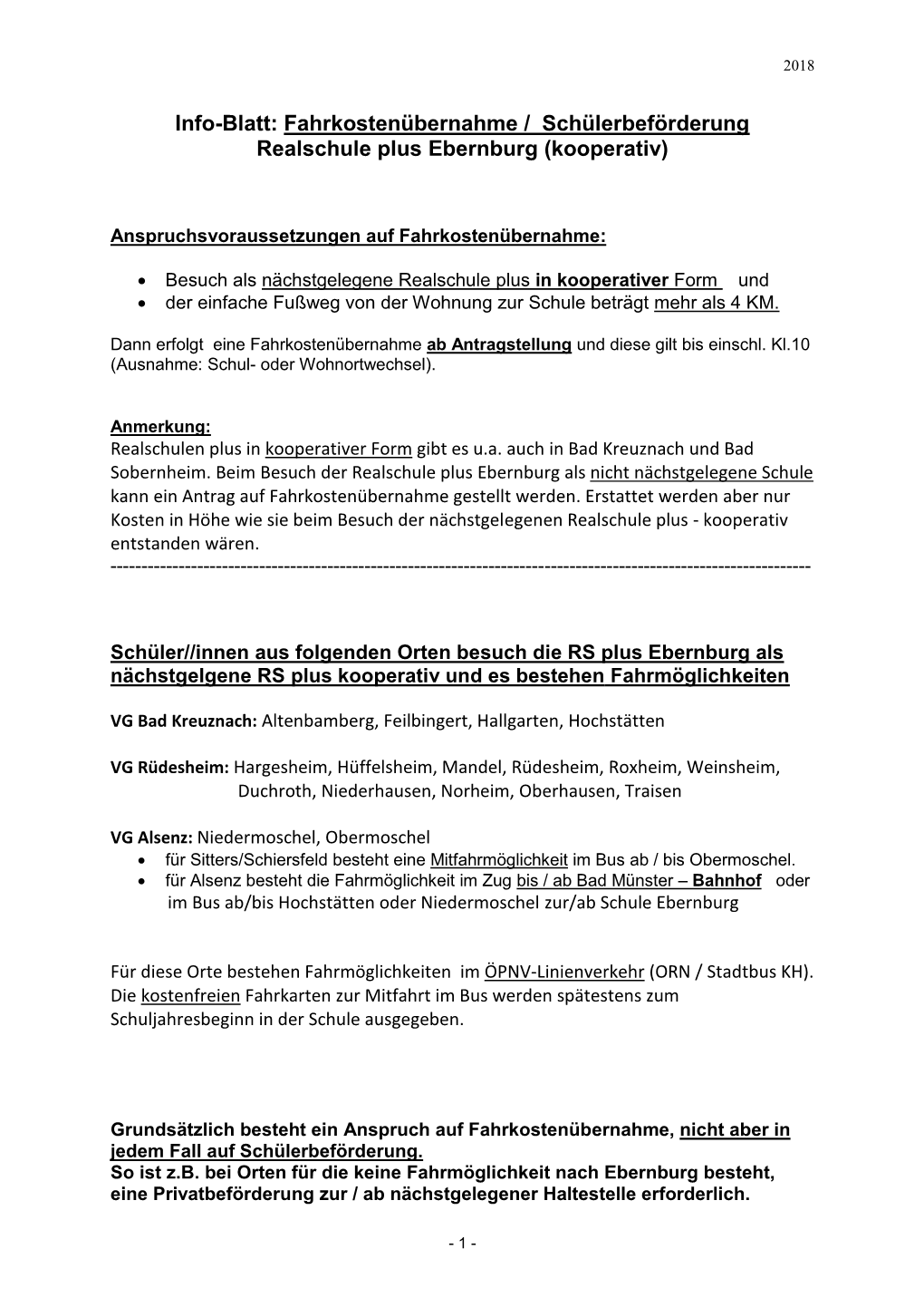 Info-Blatt: Fahrkostenübernahme / Schülerbeförderung Realschule Plus Ebernburg (Kooperativ)