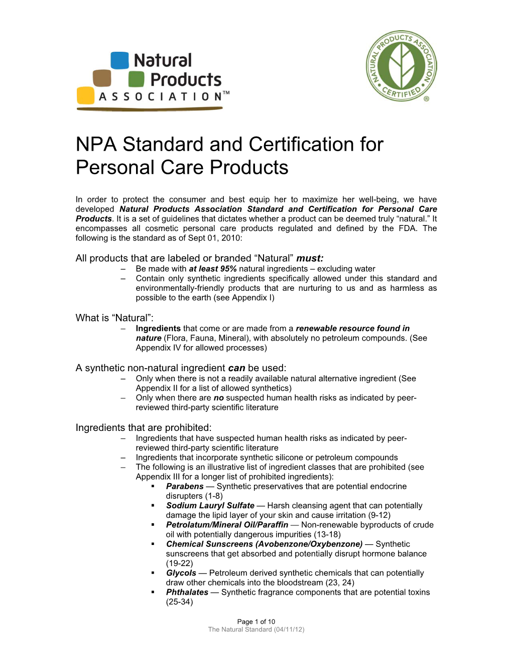 NPA Standard and Certification for Personal Care Products