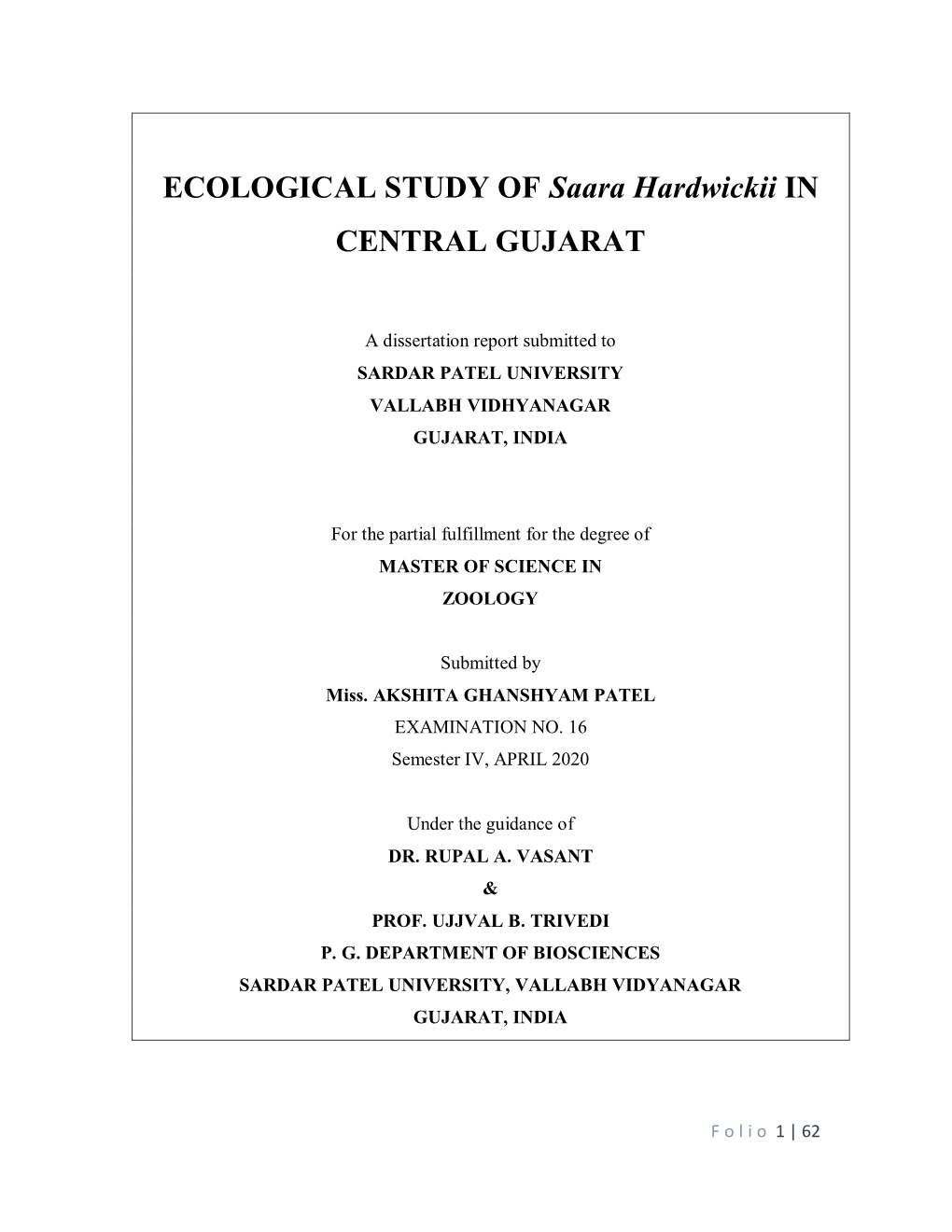 ECOLOGICAL STUDY of Saara Hardwickii in CENTRAL GUJARAT