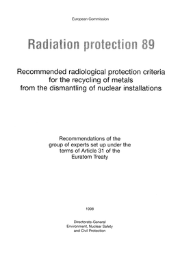 Recommended Radiological Protection Criteria for the Recycling of Metals from the Dismantling of Nuclear Installations