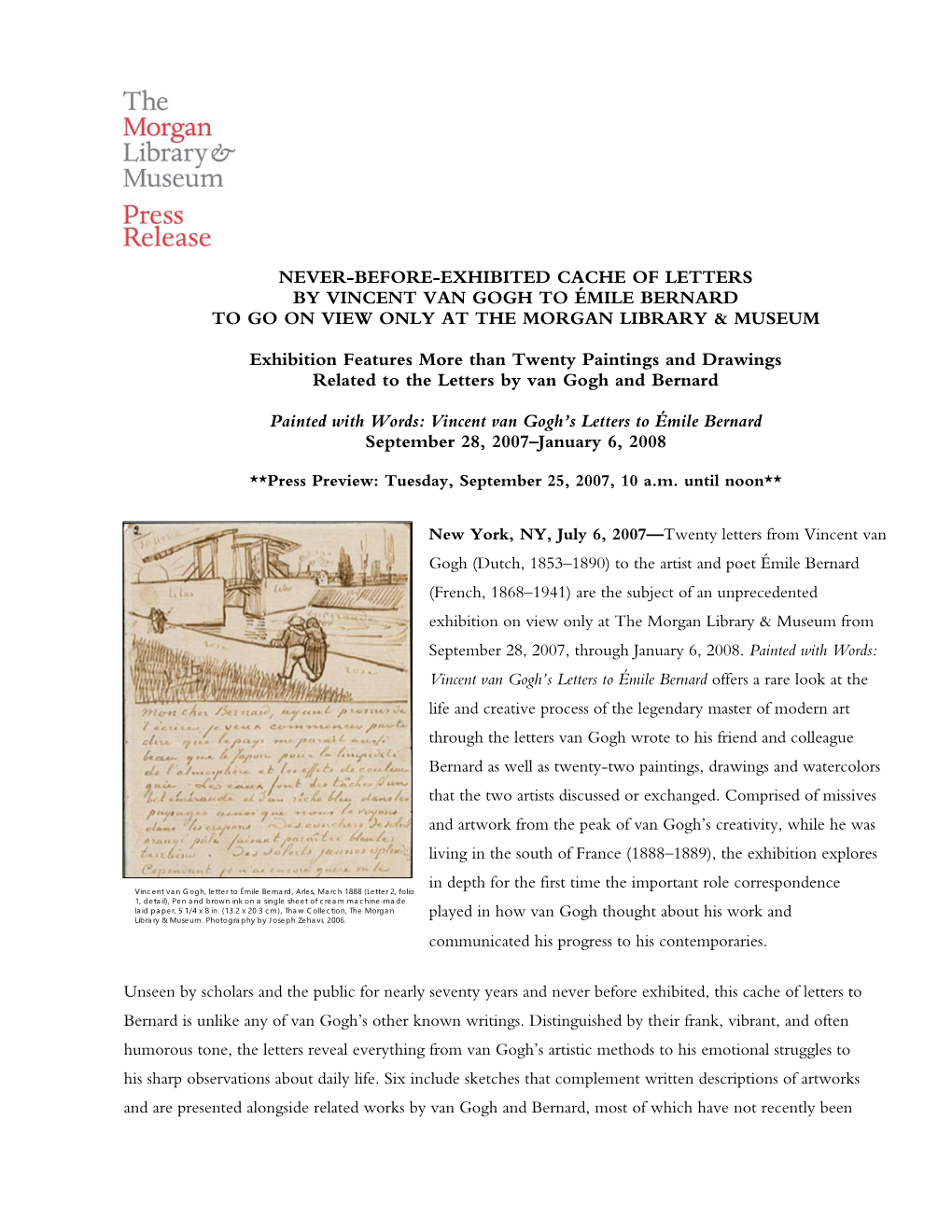 Never-Before-Exhibited Cache of Letters by Vincent Van Gogh to Émile Bernard to Go on View Only at the Morgan Library & Museum