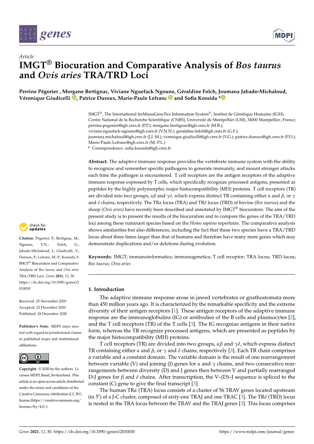 IMGT® Biocuration and Comparative Analysis of Bos Taurus and Ovis Aries TRA/TRD Loci