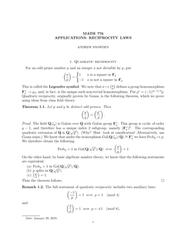 MATH 776 APPLICATIONS: RECIPROCITY LAWS 1. Quadratic
