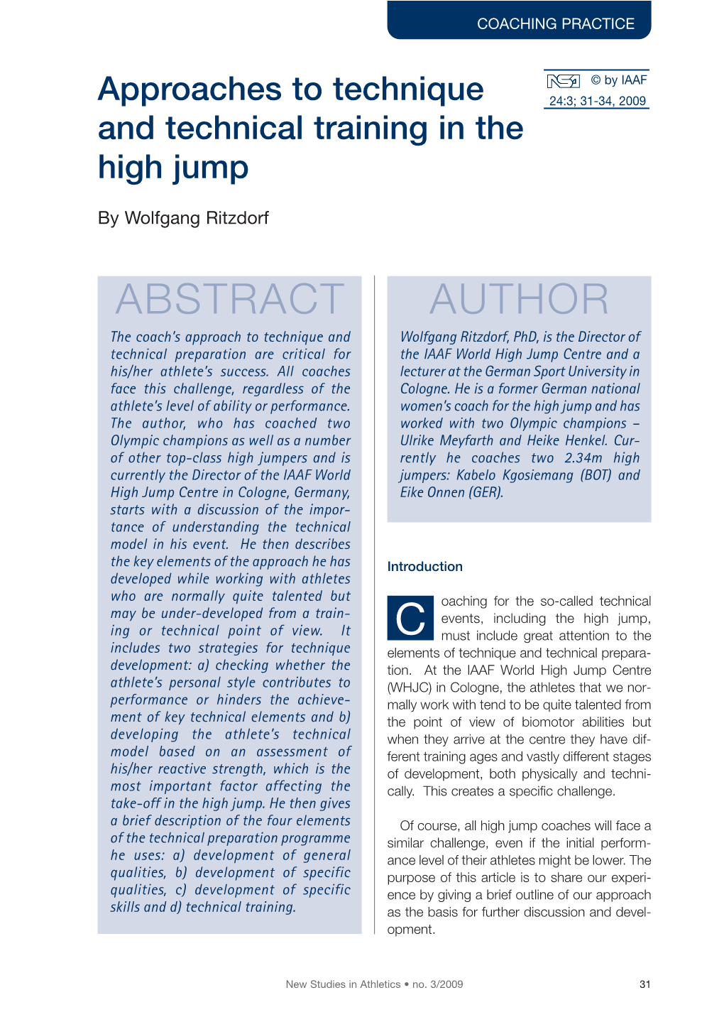 Approaches to Technique and Technical Training in the High Jump