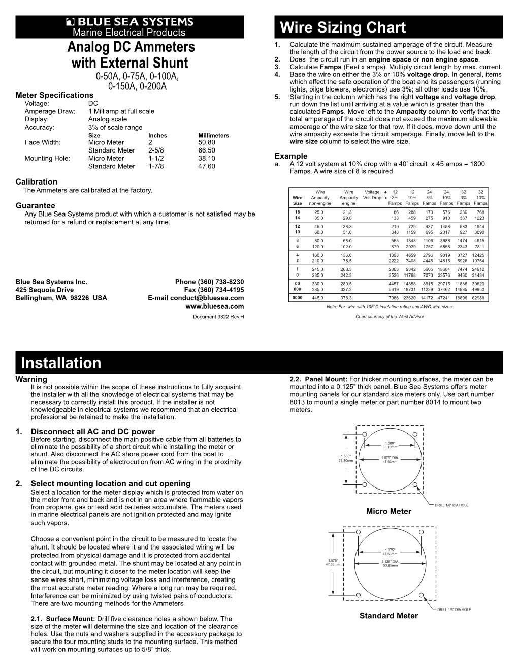 Analog DC Ammeters with External Shunt Installation Wire Sizing Chart