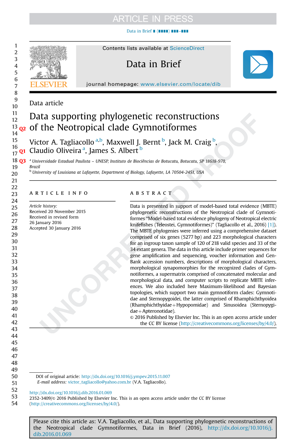 Data Supporting Phylogenetic Reconstructions of the Neotropical Clade Gymnotiformes, Data in Brief (2016)