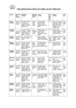 Vdjs Dining Hall Menu – 16Th April to 30 Th April 2021